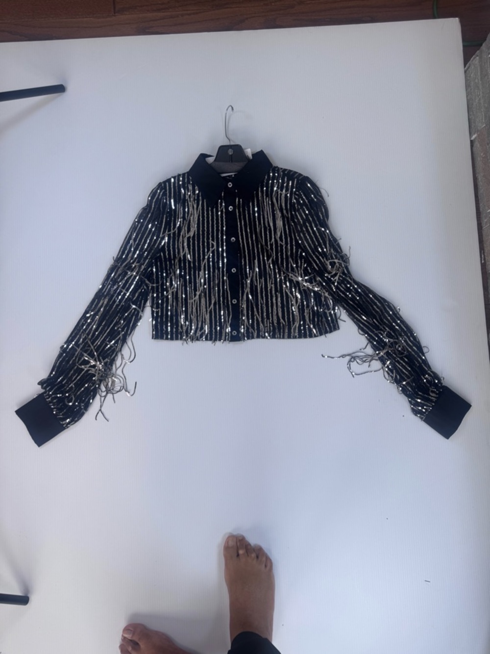 AKIRA Black Sequin Fringe Set ✨ Crop Top + Wide Leg Pants | S/M | Glam Party - Picture 3 of 7